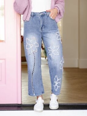 Women's Blue Embroidered Flower Jeans - Brand:FP & Oli & Hali